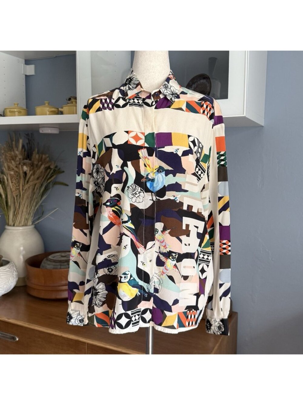 MSGM Silk Button Front Blouse Shirt Print Women Size 42 Colorful